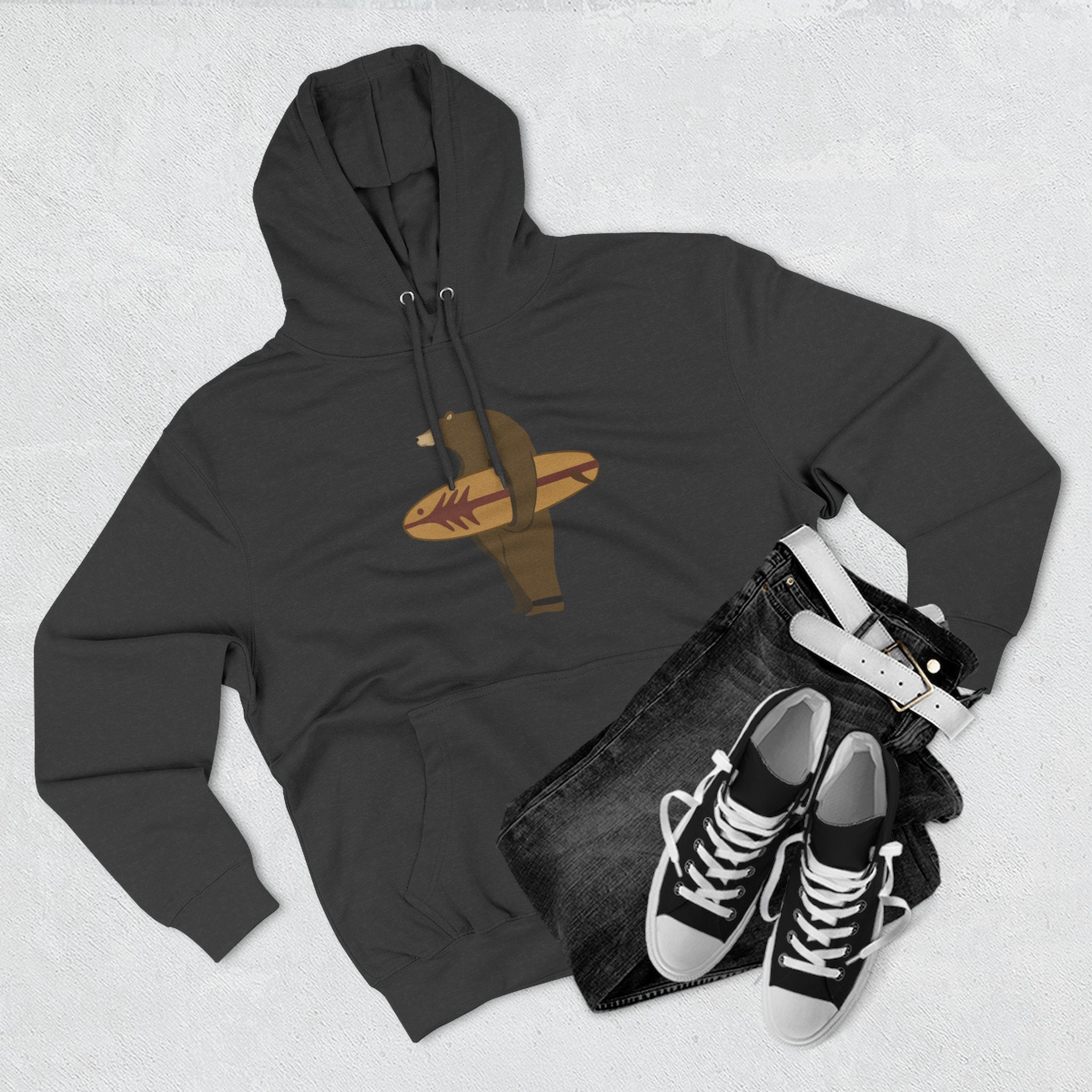 Surfing Grizzly Bear by Fabian Lavater Unisex - Pull-Over Cotton Blend Fleece Hoodie