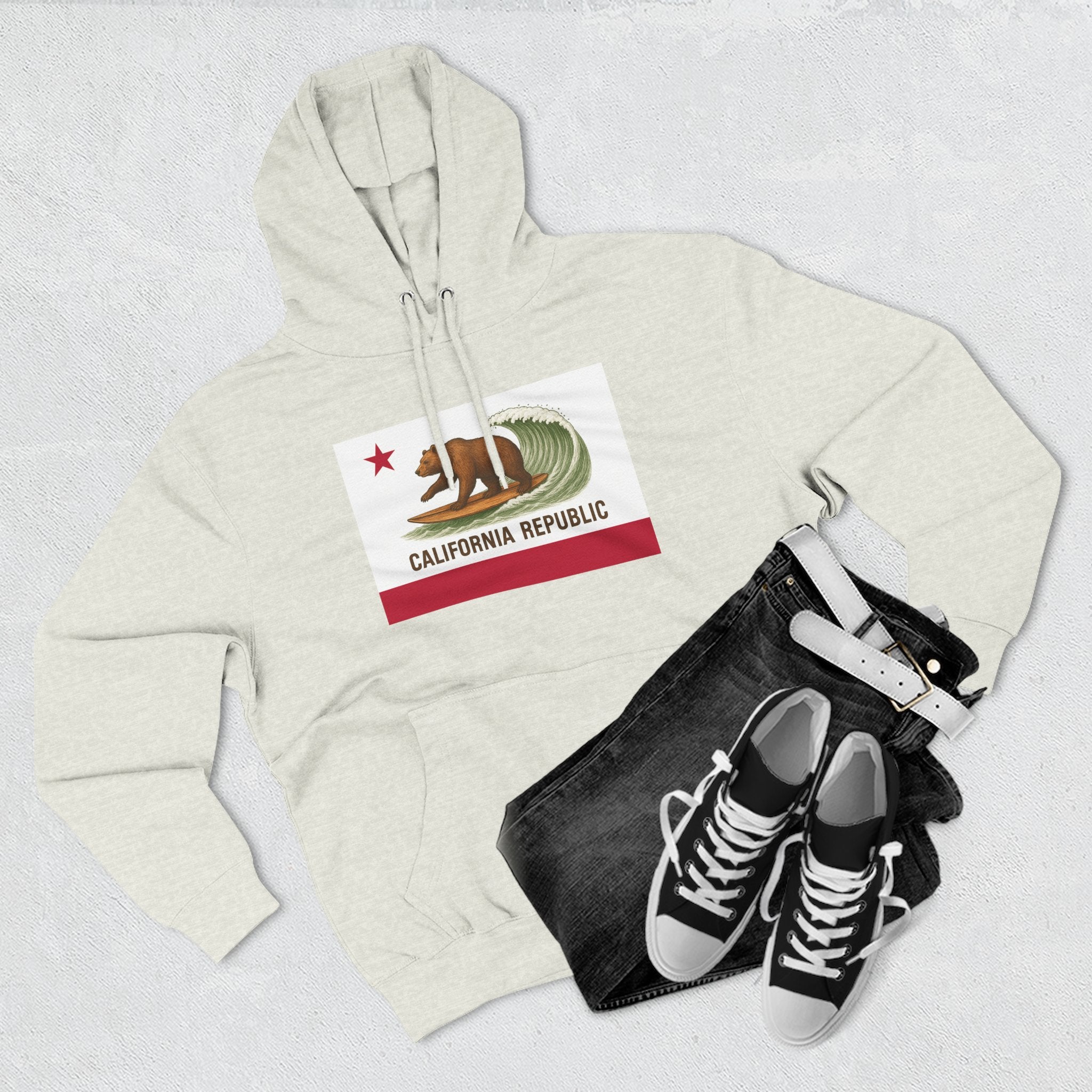 California Surfing Bear Flag Unisex - Pull-Over Cotton Blend Fleece Hoodie