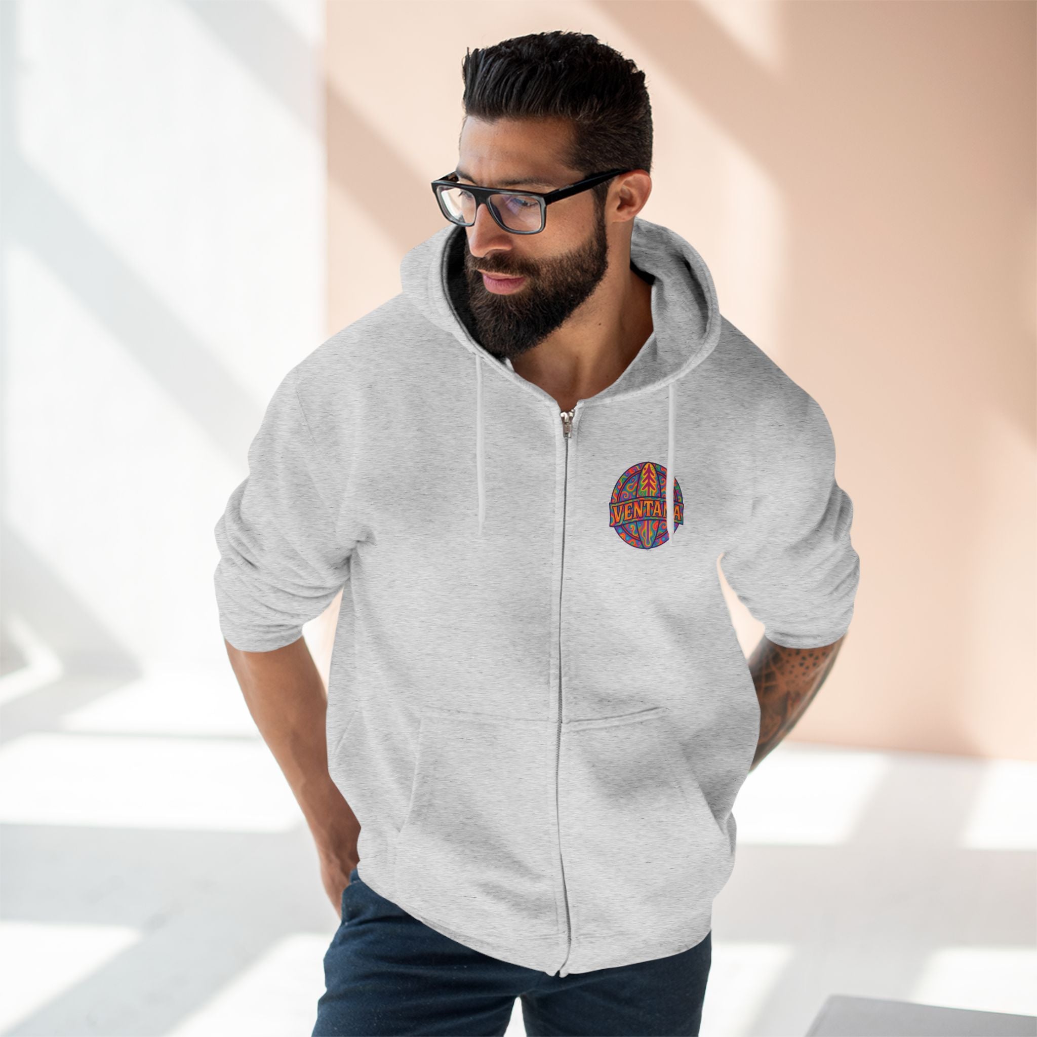 Ventana Psychedelic Treefish Logo Unisex - Zip Cotton Blend Fleece Hoodie