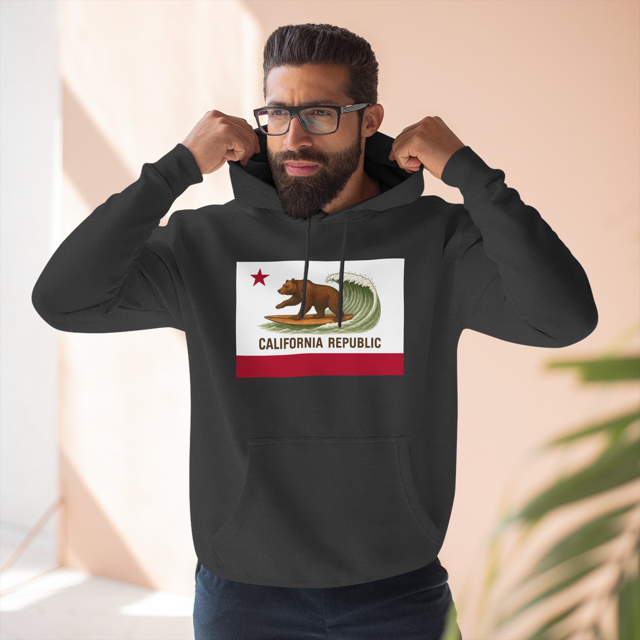 California Surfing Bear Flag Unisex - Pull-Over Cotton Blend Fleece Hoodie