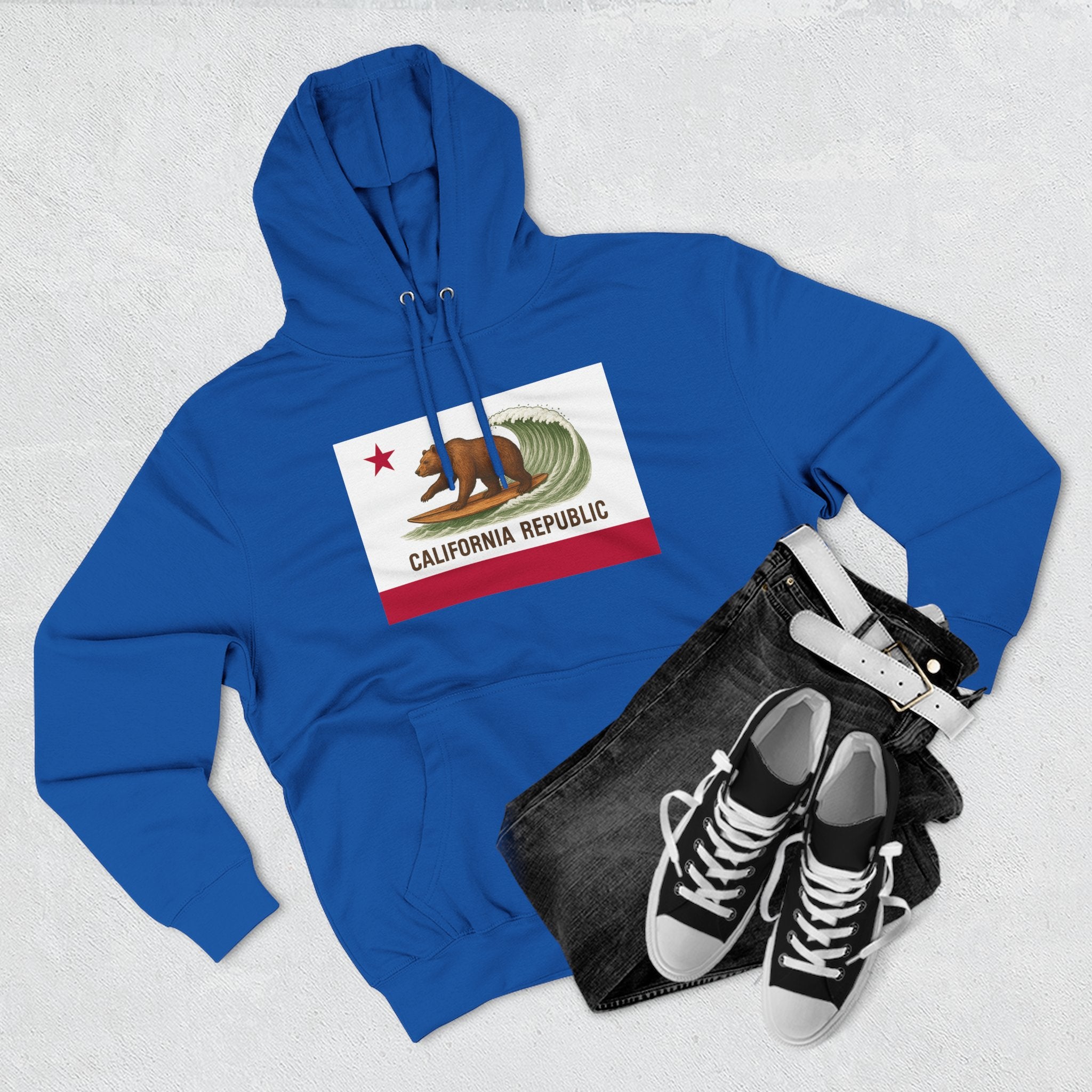 California Surfing Bear Flag Unisex - Pull-Over Cotton Blend Fleece Hoodie