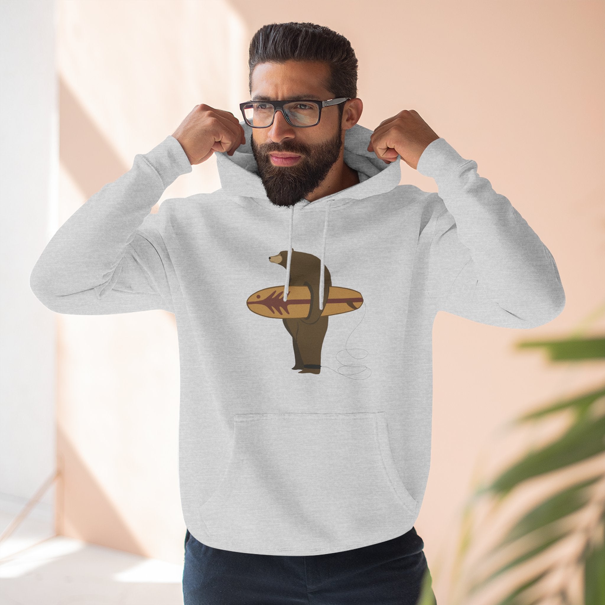 Surfing Grizzly Bear by Fabian Lavater Unisex - Pull-Over Cotton Blend Fleece Hoodie