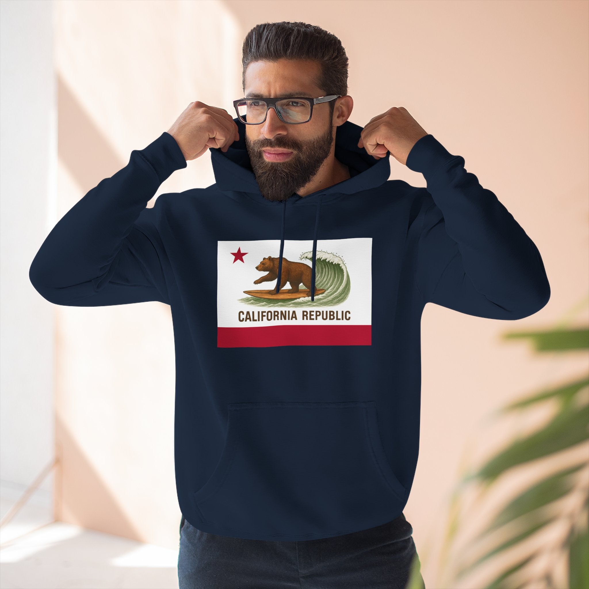 California Surfing Bear Flag Unisex - Pull-Over Cotton Blend Fleece Hoodie