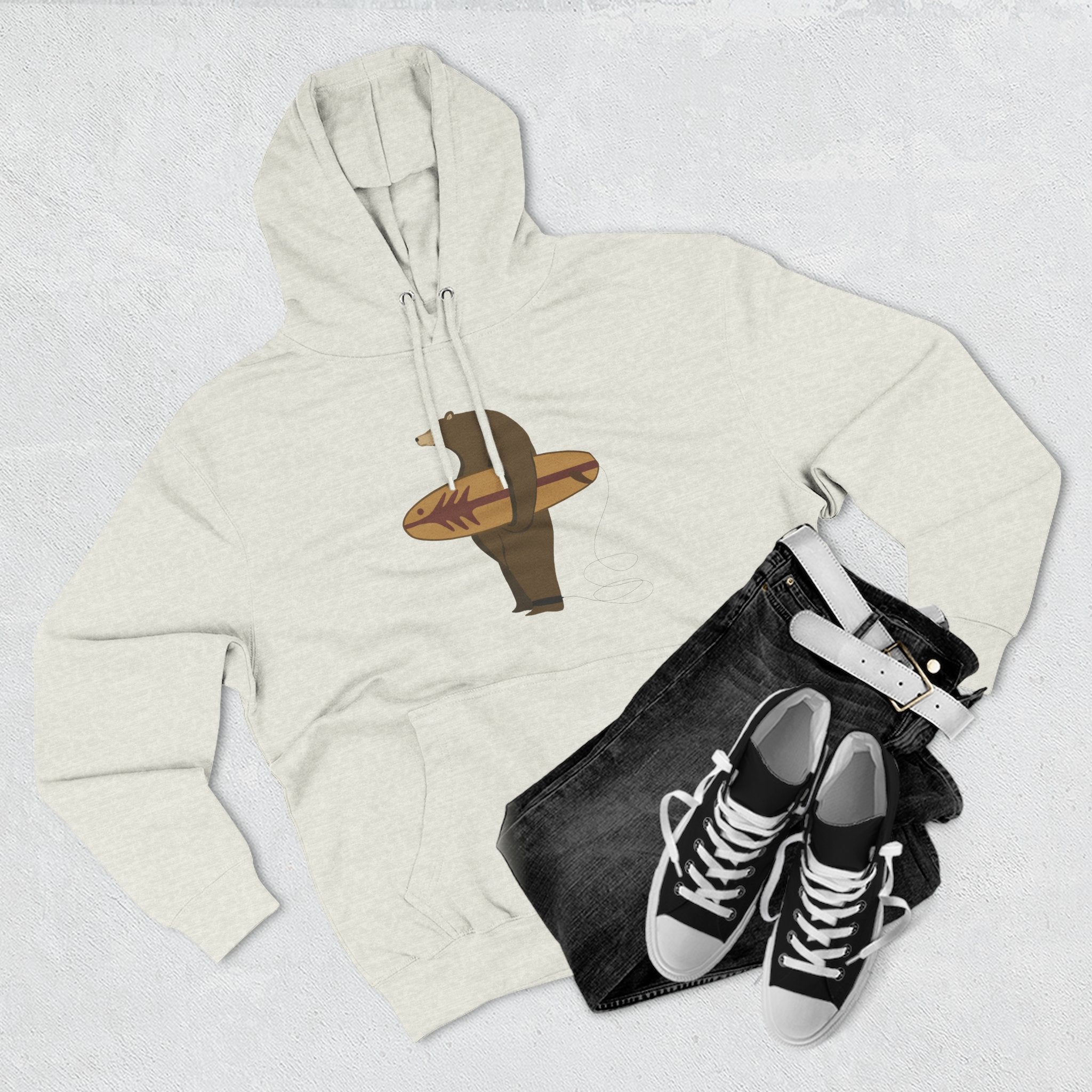Surfing Grizzly Bear by Fabian Lavater Unisex - Pull-Over Cotton Blend Fleece Hoodie