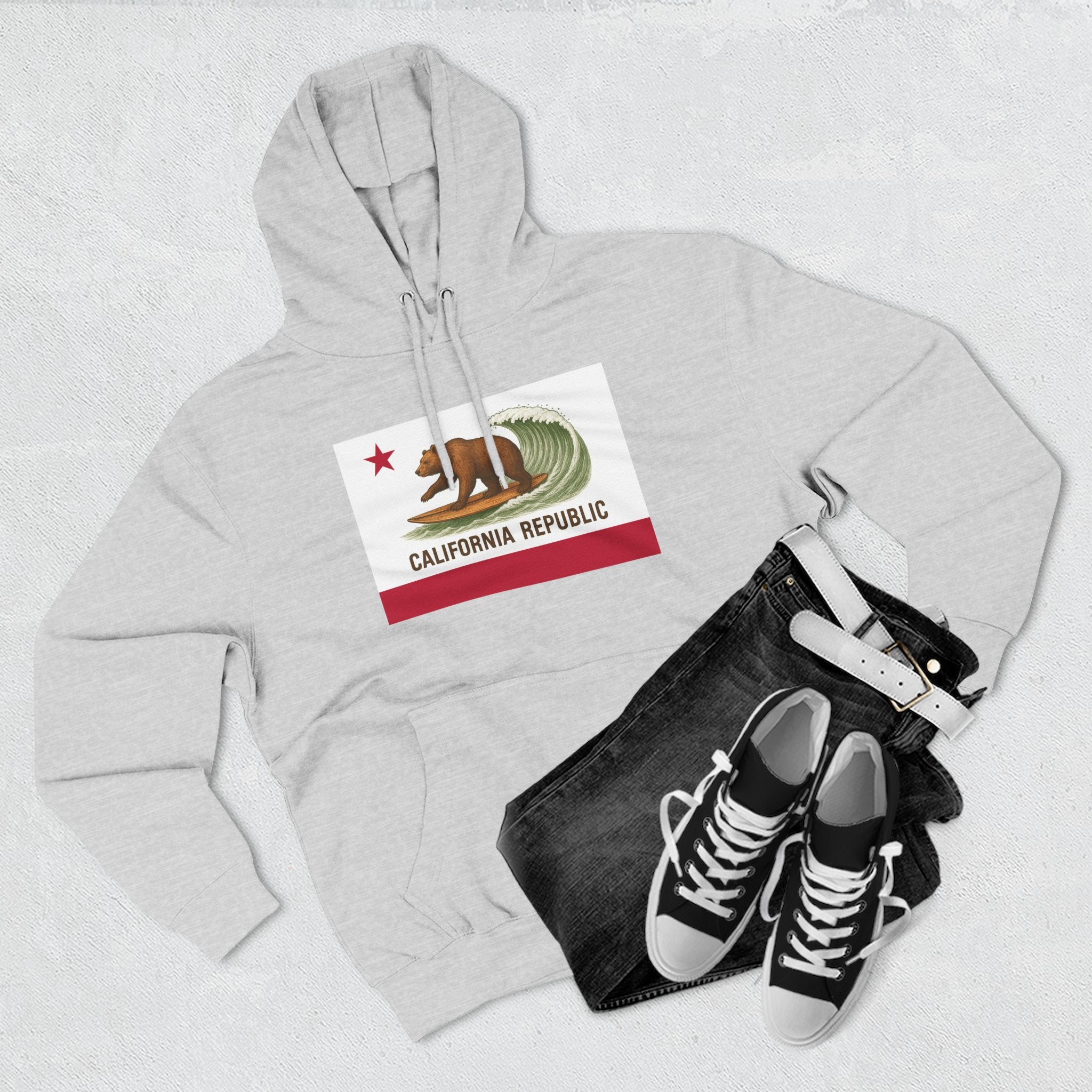 California Surfing Bear Flag Unisex - Pull-Over Cotton Blend Fleece Hoodie