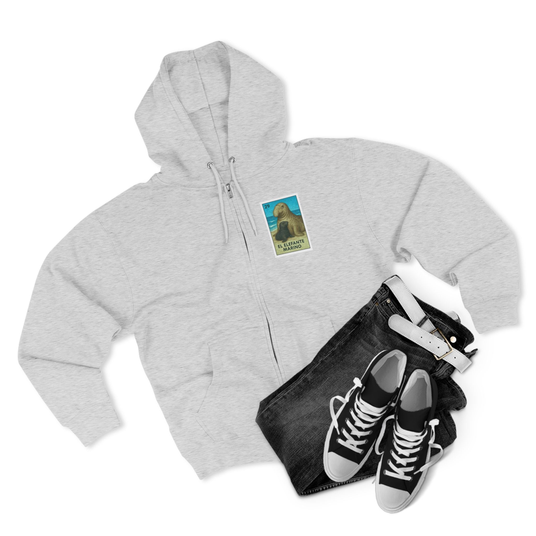 Elephant Seal Lotería Unisex - Zip Cotton Blend Fleece Hoodie (El Elefante Marino)