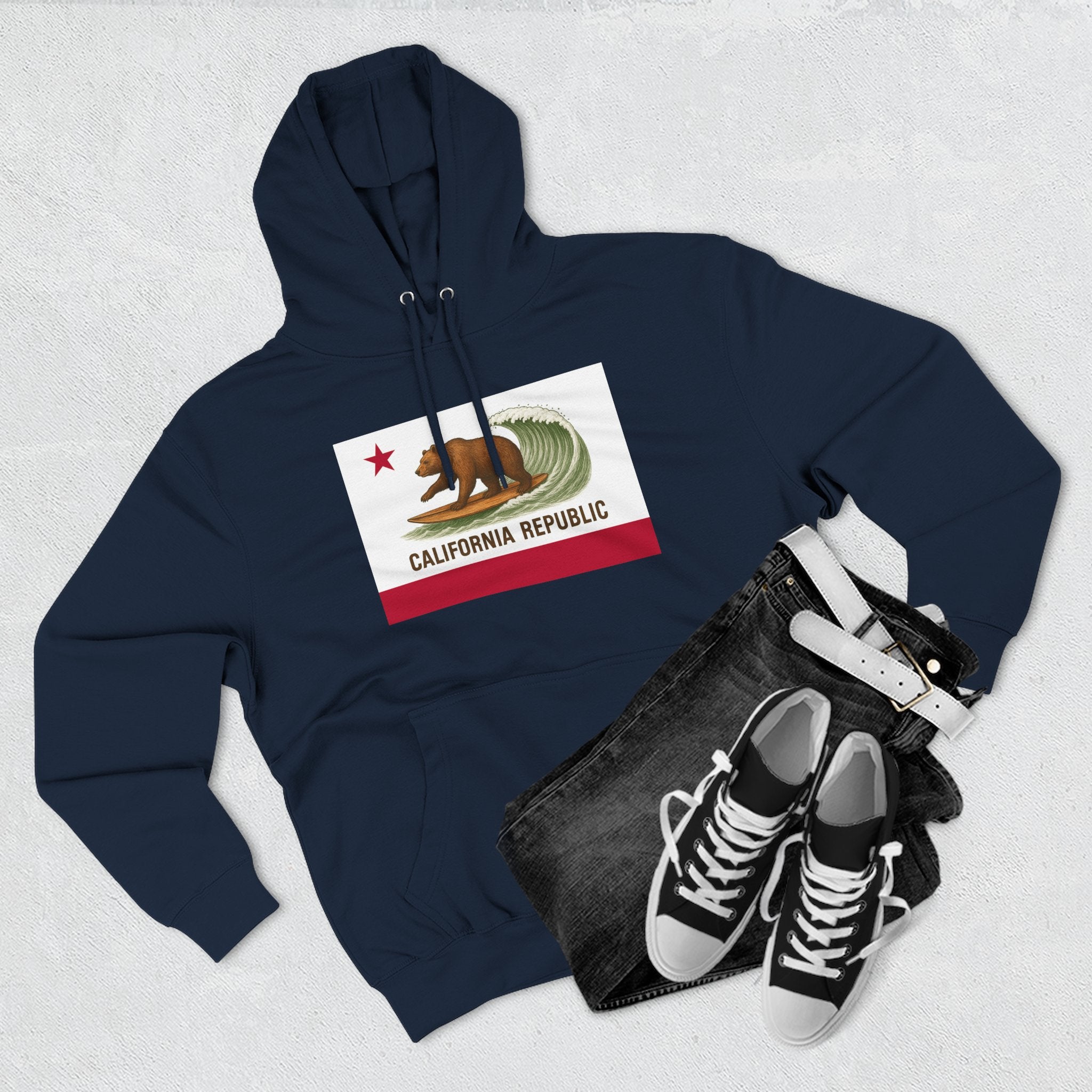 California Surfing Bear Flag Unisex - Pull-Over Cotton Blend Fleece Hoodie