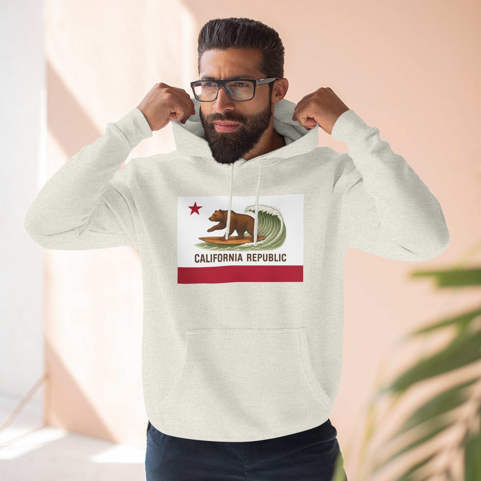 California Surfing Bear Flag Unisex - Pull-Over Cotton Blend Fleece Hoodie