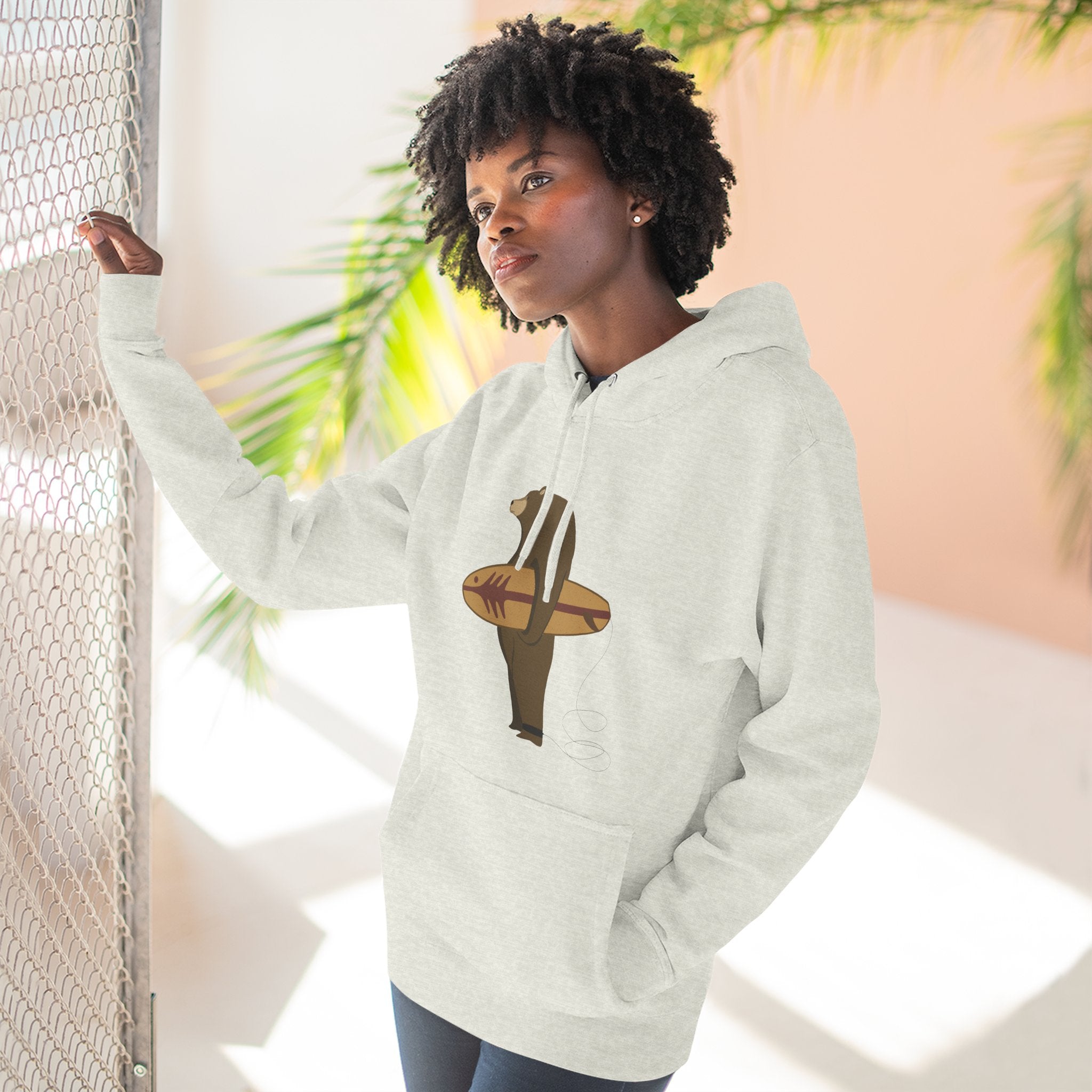 Surfing Grizzly Bear by Fabian Lavater Unisex - Pull-Over Cotton Blend Fleece Hoodie