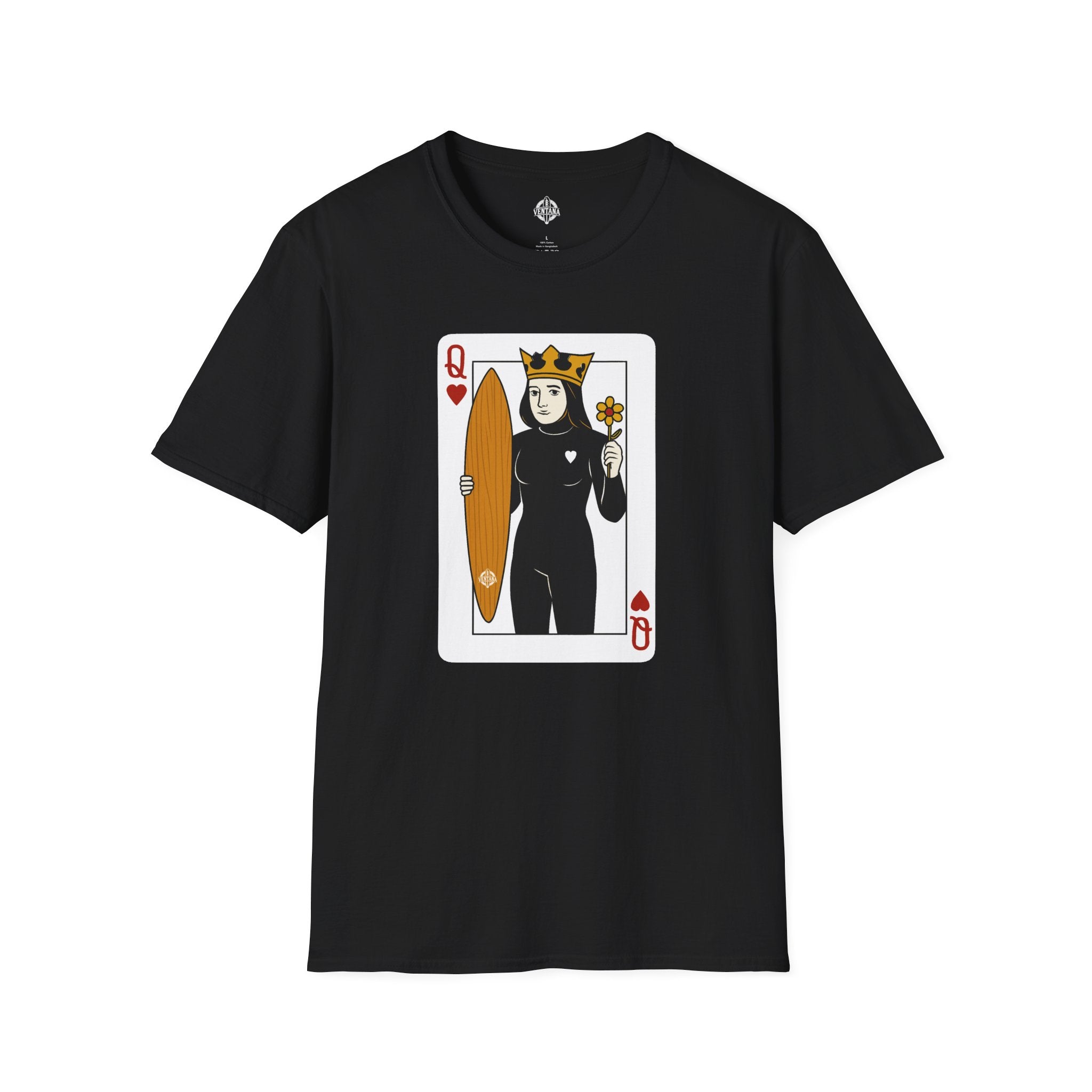 Black t-shirt with a graphic of a queen holding a surfboard on a white background