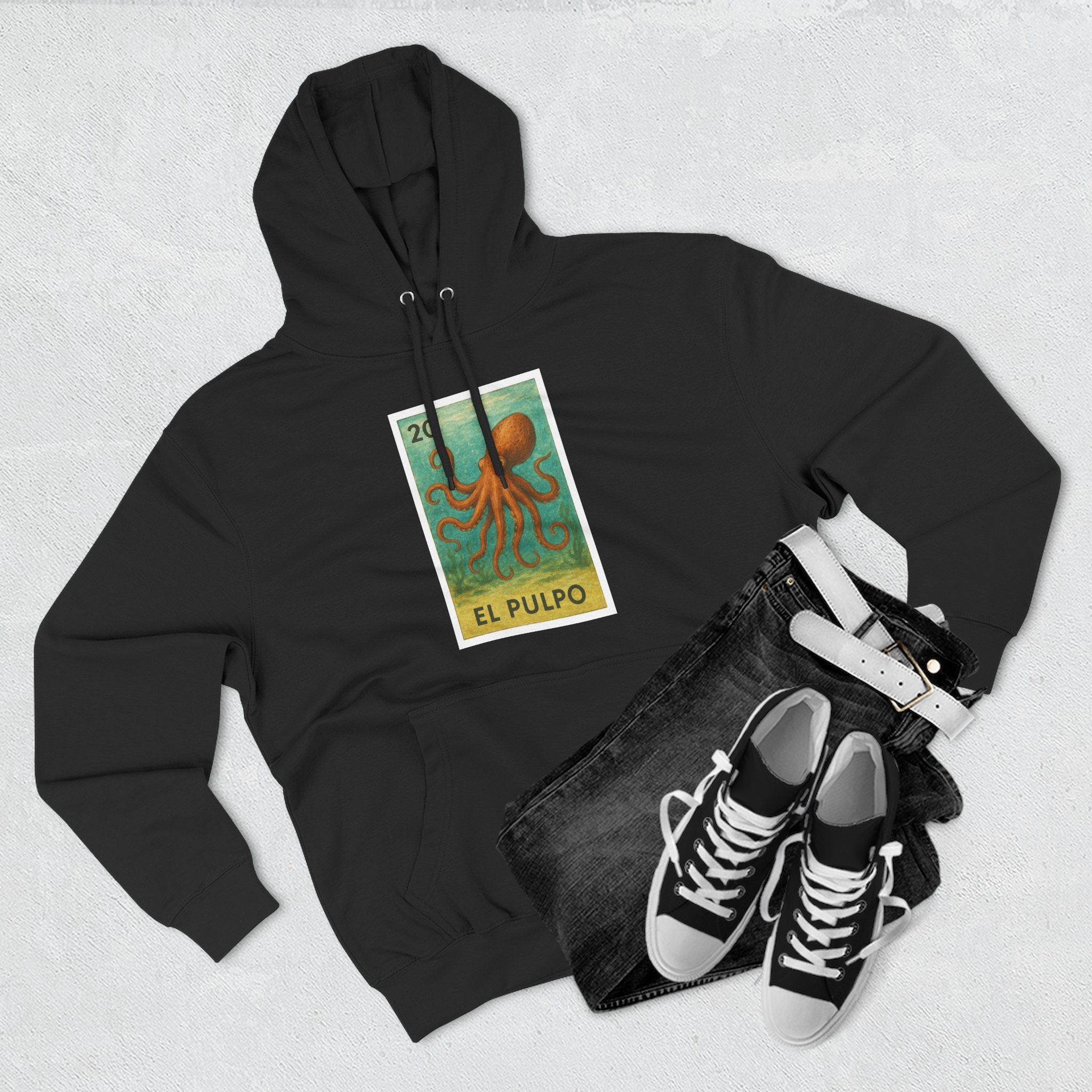Octopus Lotería Unisex - Pull-Over Cotton Blend Fleece Hoodie (El Pulpo)