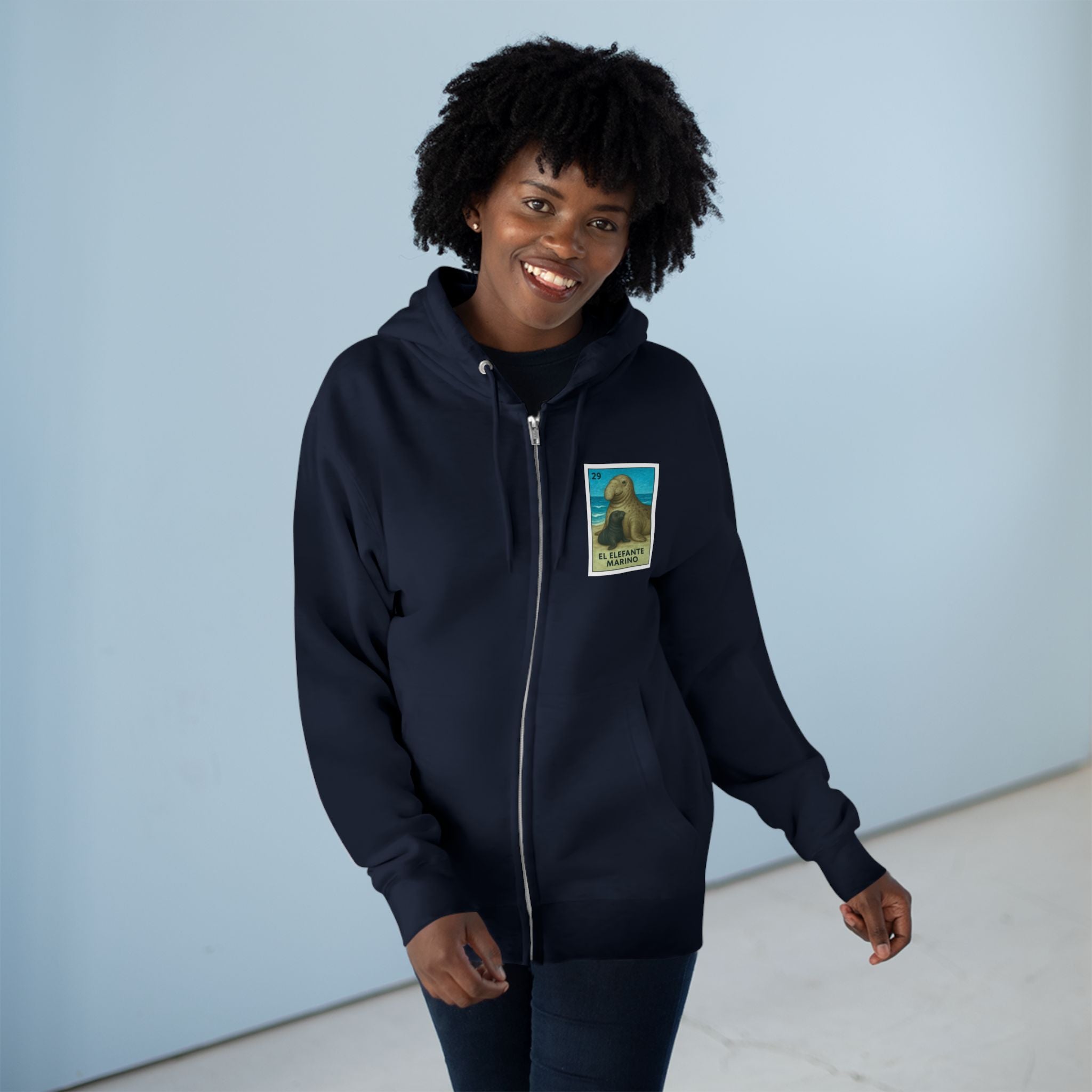 Elephant Seal Lotería Unisex - Zip Cotton Blend Fleece Hoodie (El Elefante Marino)