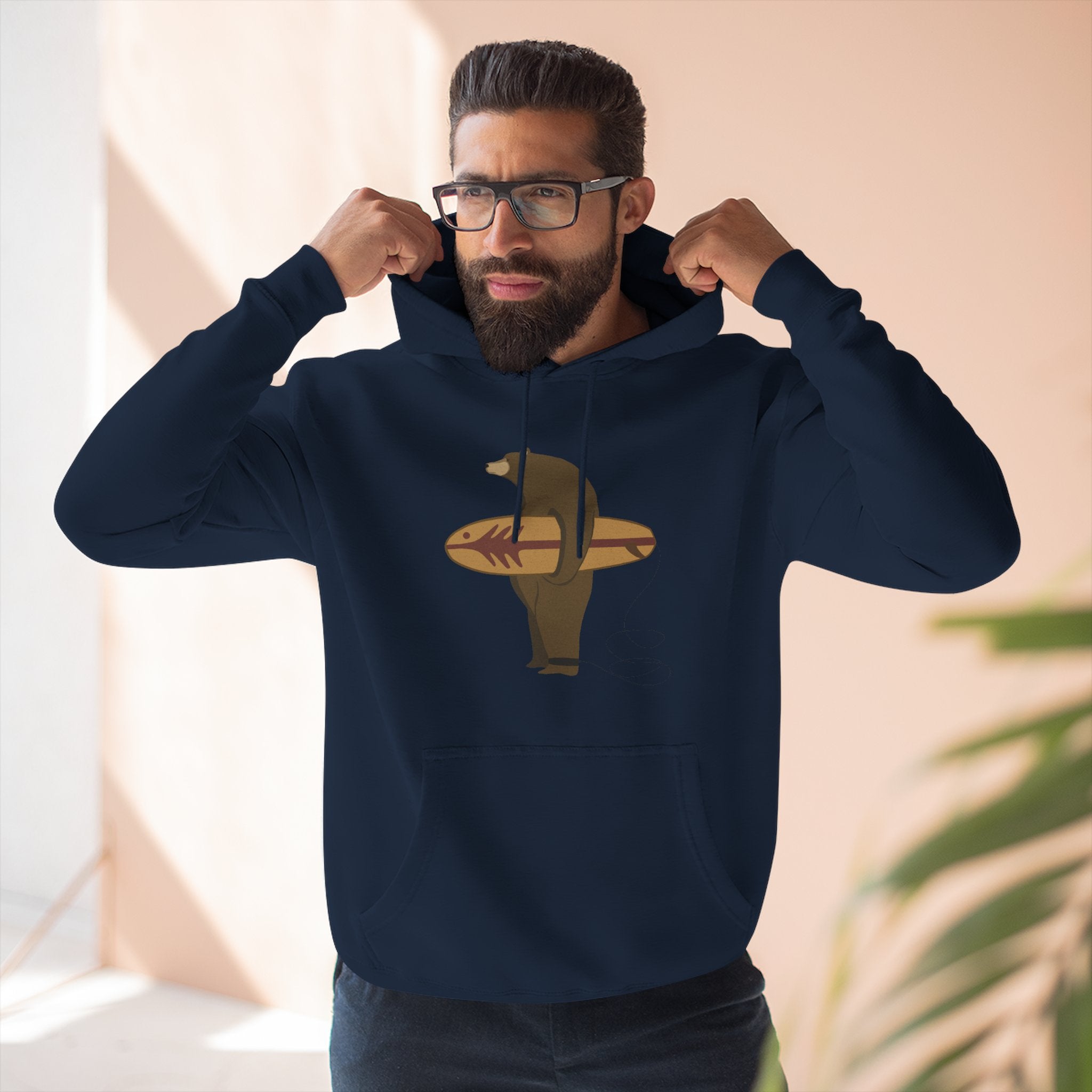 Surfing Grizzly Bear by Fabian Lavater Unisex - Pull-Over Cotton Blend Fleece Hoodie