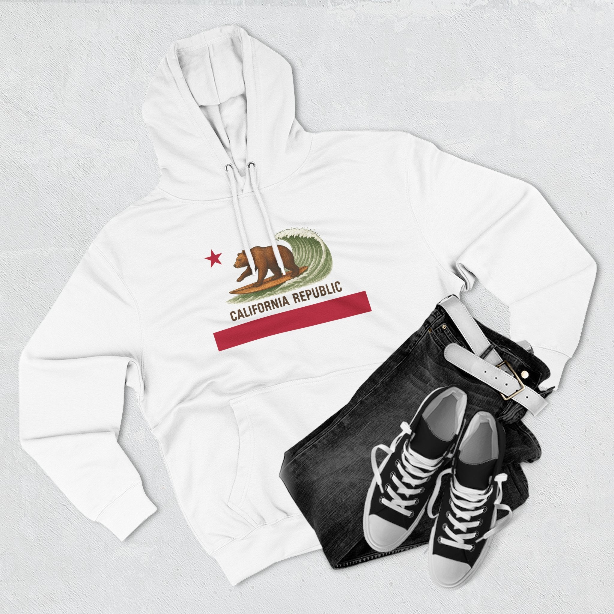 California Surfing Bear Flag Unisex - Pull-Over Cotton Blend Fleece Hoodie