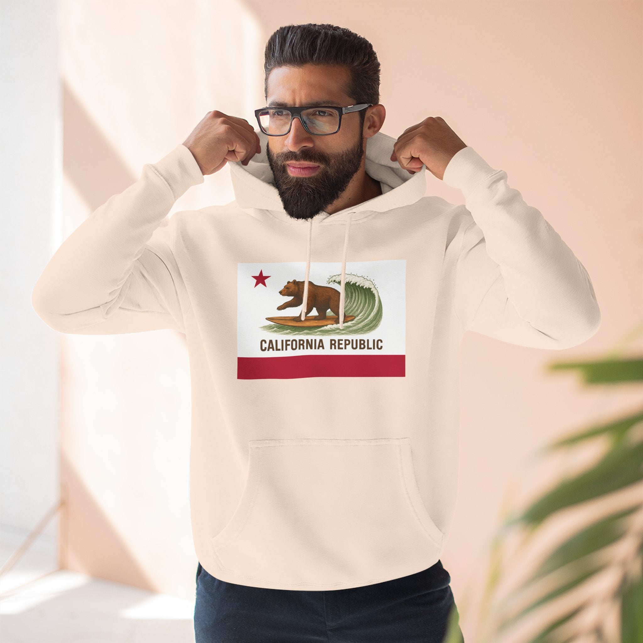 California Surfing Bear Flag Unisex - Pull-Over Cotton Blend Fleece Hoodie