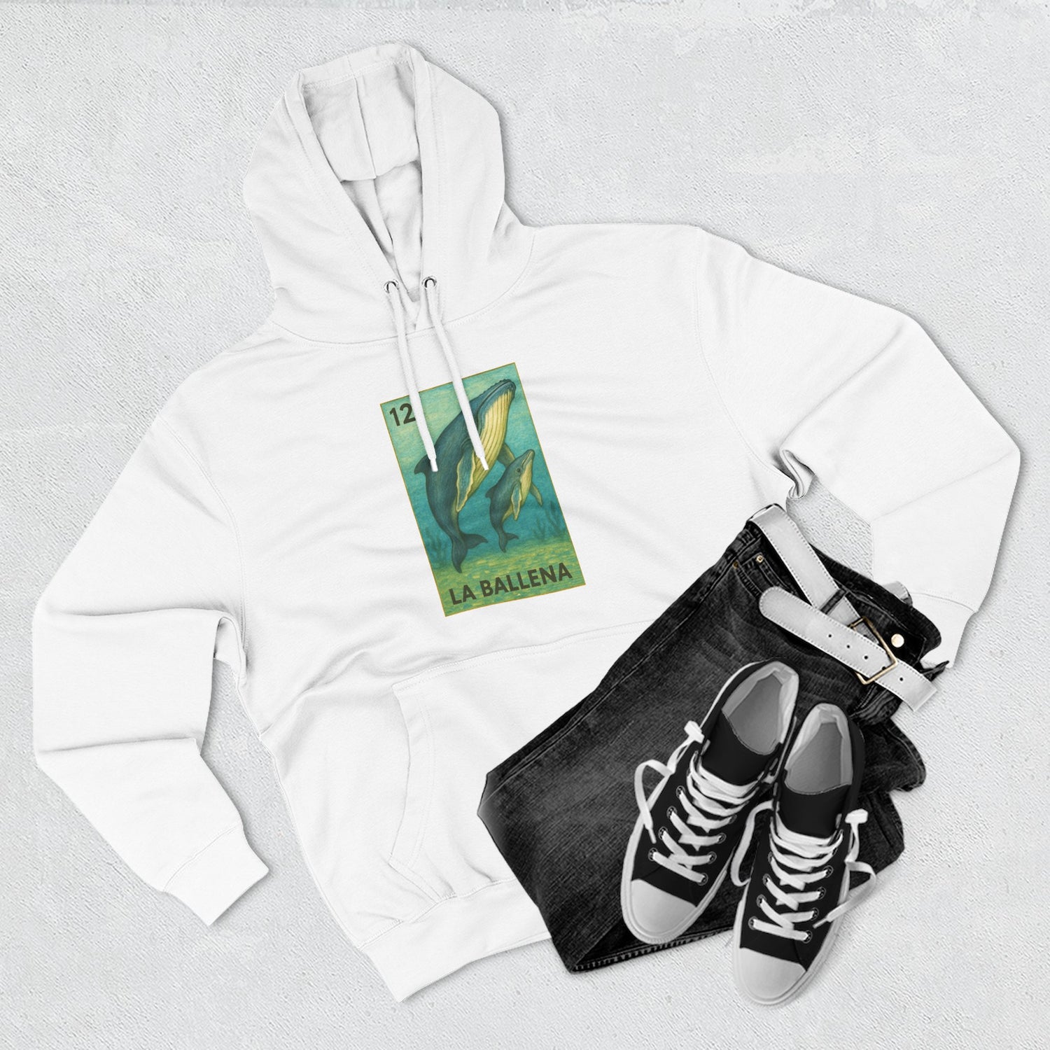 Whale Lotería Unisex - Pull-Over Cotton Blend Fleece Hoodie (La Ballena)
