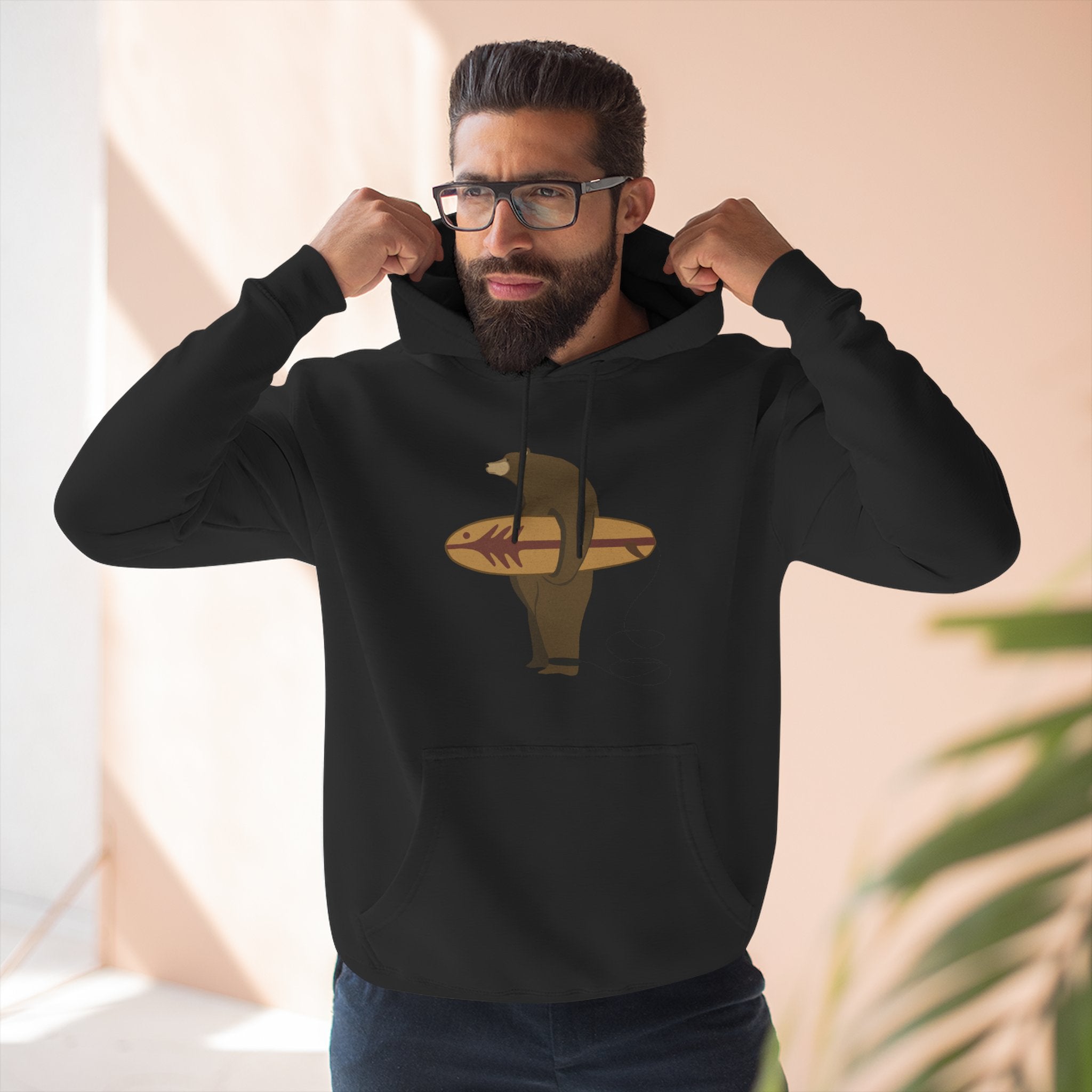 Surfing Grizzly Bear by Fabian Lavater Unisex - Pull-Over Cotton Blend Fleece Hoodie