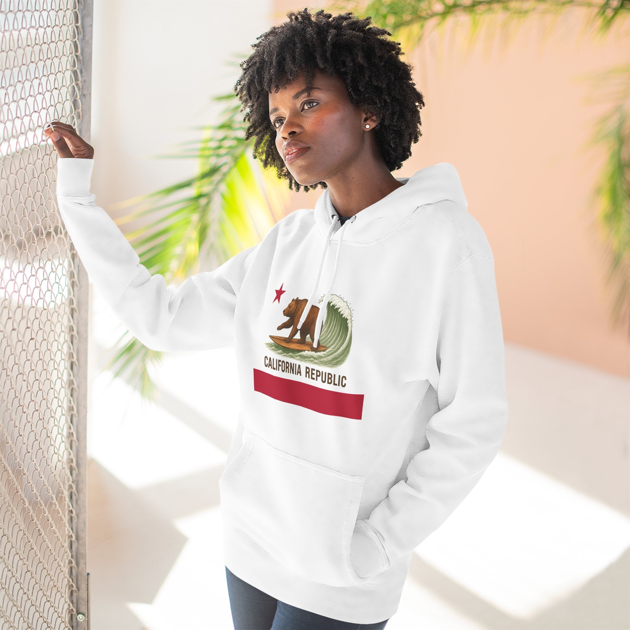 California Surfing Bear Flag Unisex - Pull-Over Cotton Blend Fleece Hoodie