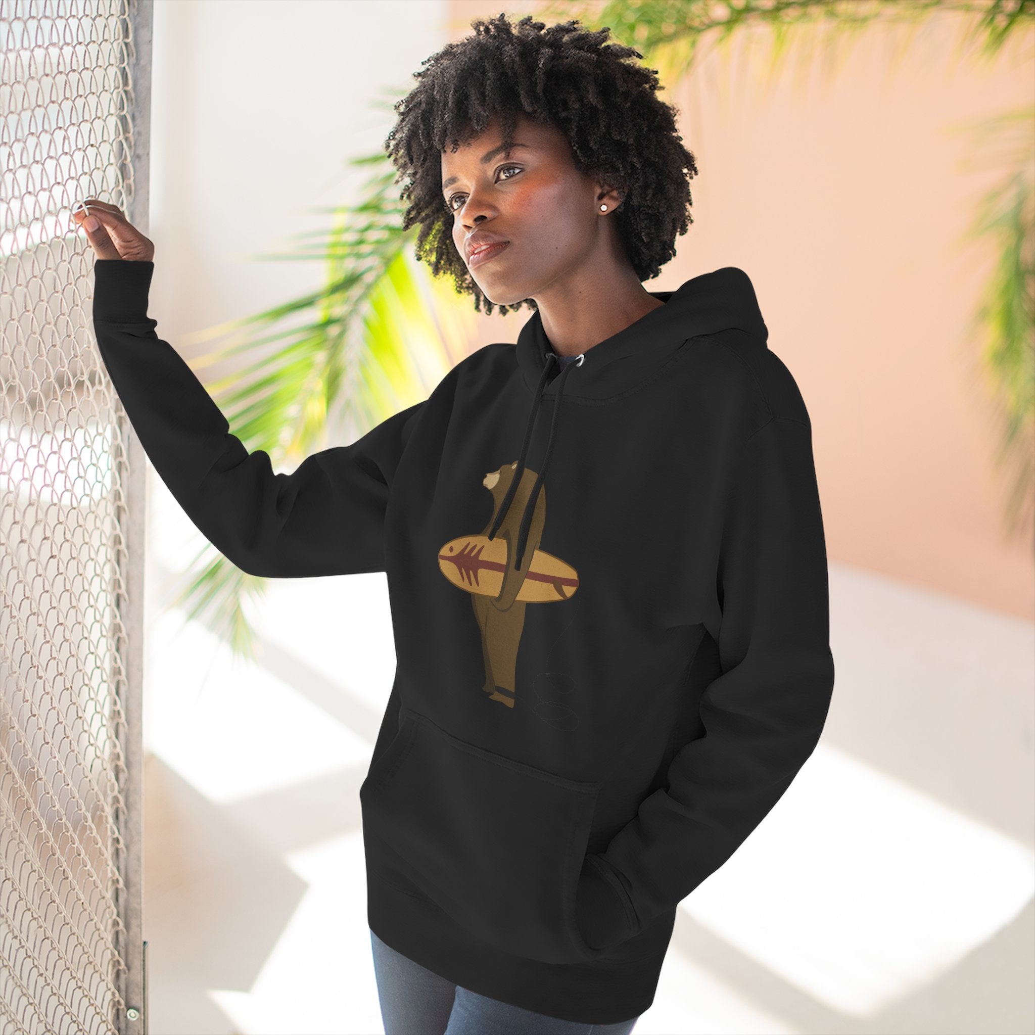 Surfing Grizzly Bear by Fabian Lavater Unisex - Pull-Over Cotton Blend Fleece Hoodie