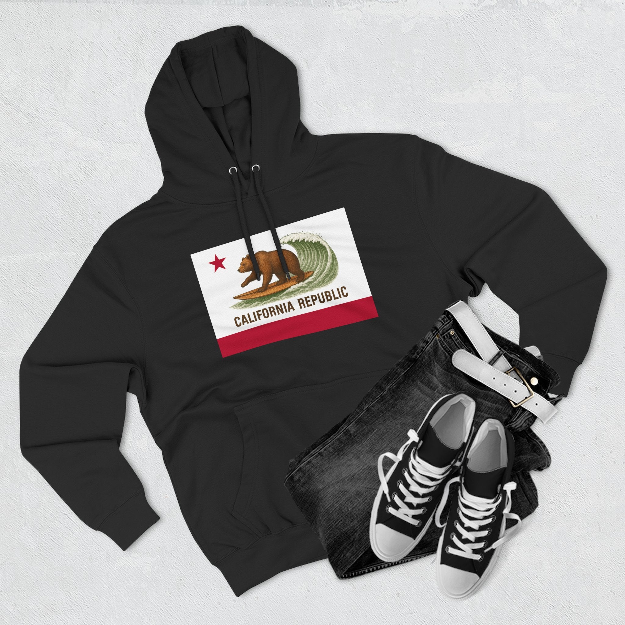 California Surfing Bear Flag Unisex - Pull-Over Cotton Blend Fleece Hoodie