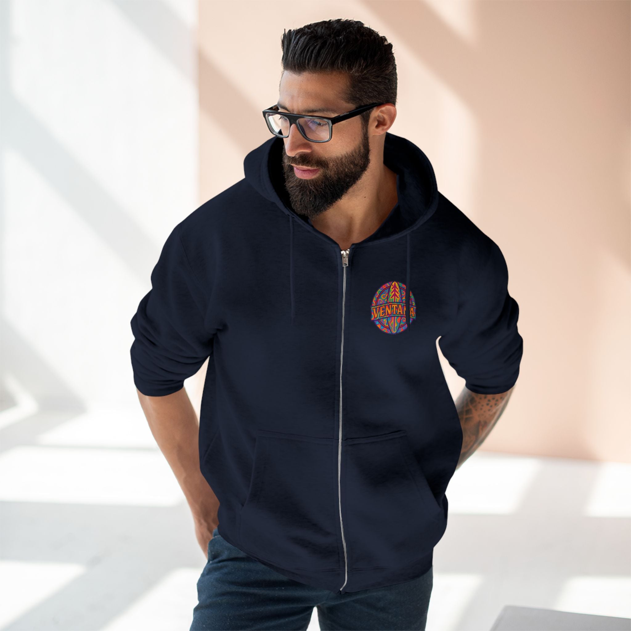 Ventana Psychedelic Treefish Logo Unisex - Zip Cotton Blend Fleece Hoodie