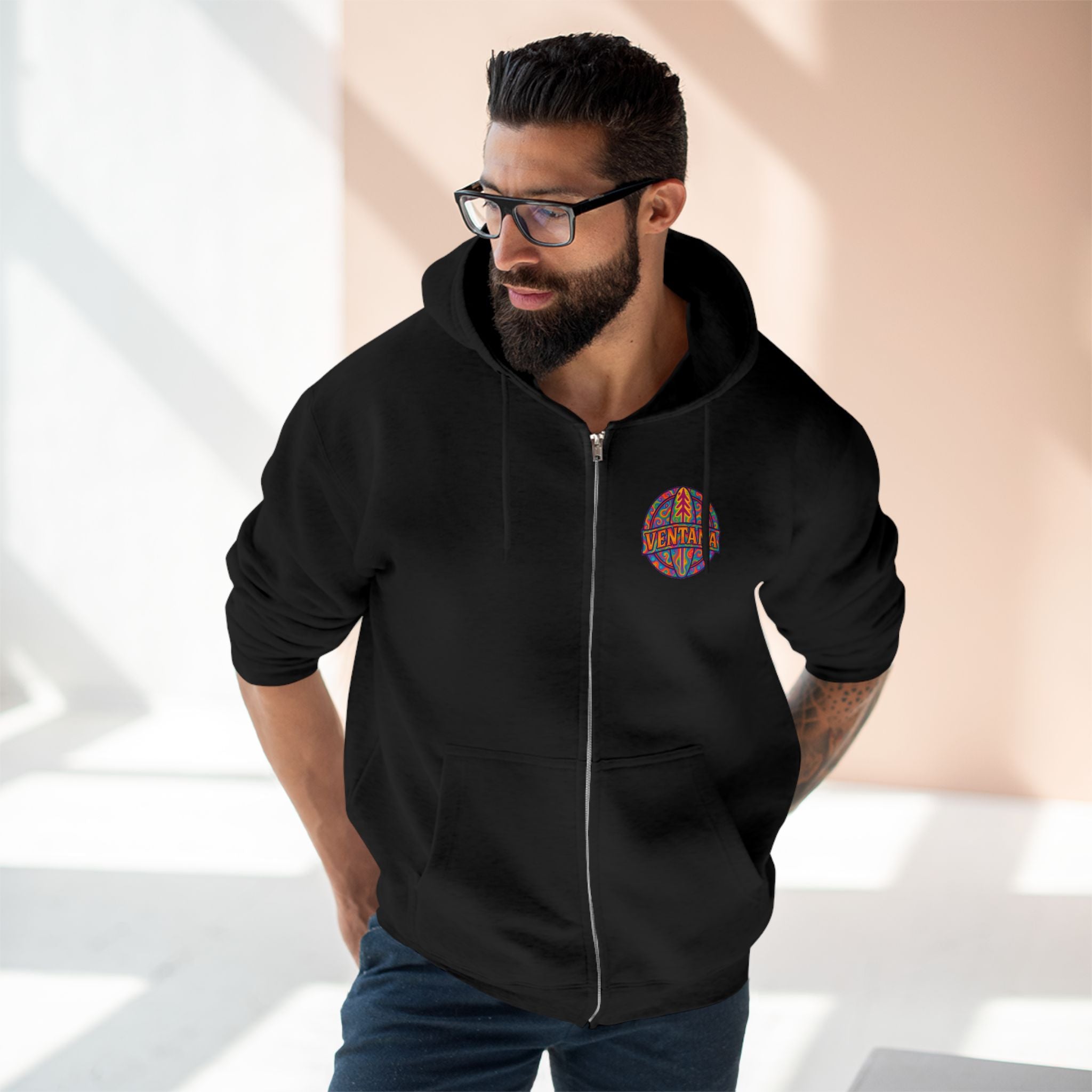 Ventana Psychedelic Treefish Logo Unisex - Zip Cotton Blend Fleece Hoodie