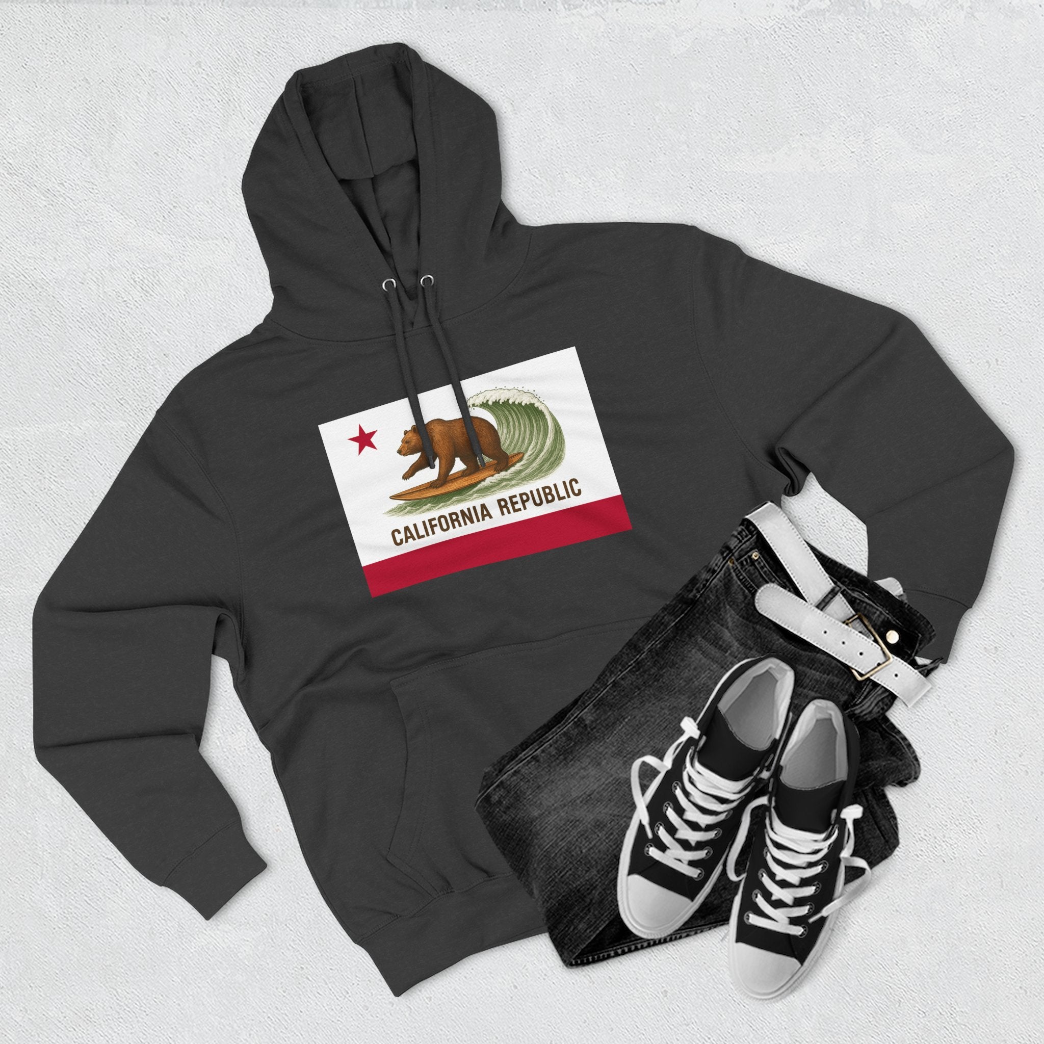 California Surfing Bear Flag Unisex - Pull-Over Cotton Blend Fleece Hoodie