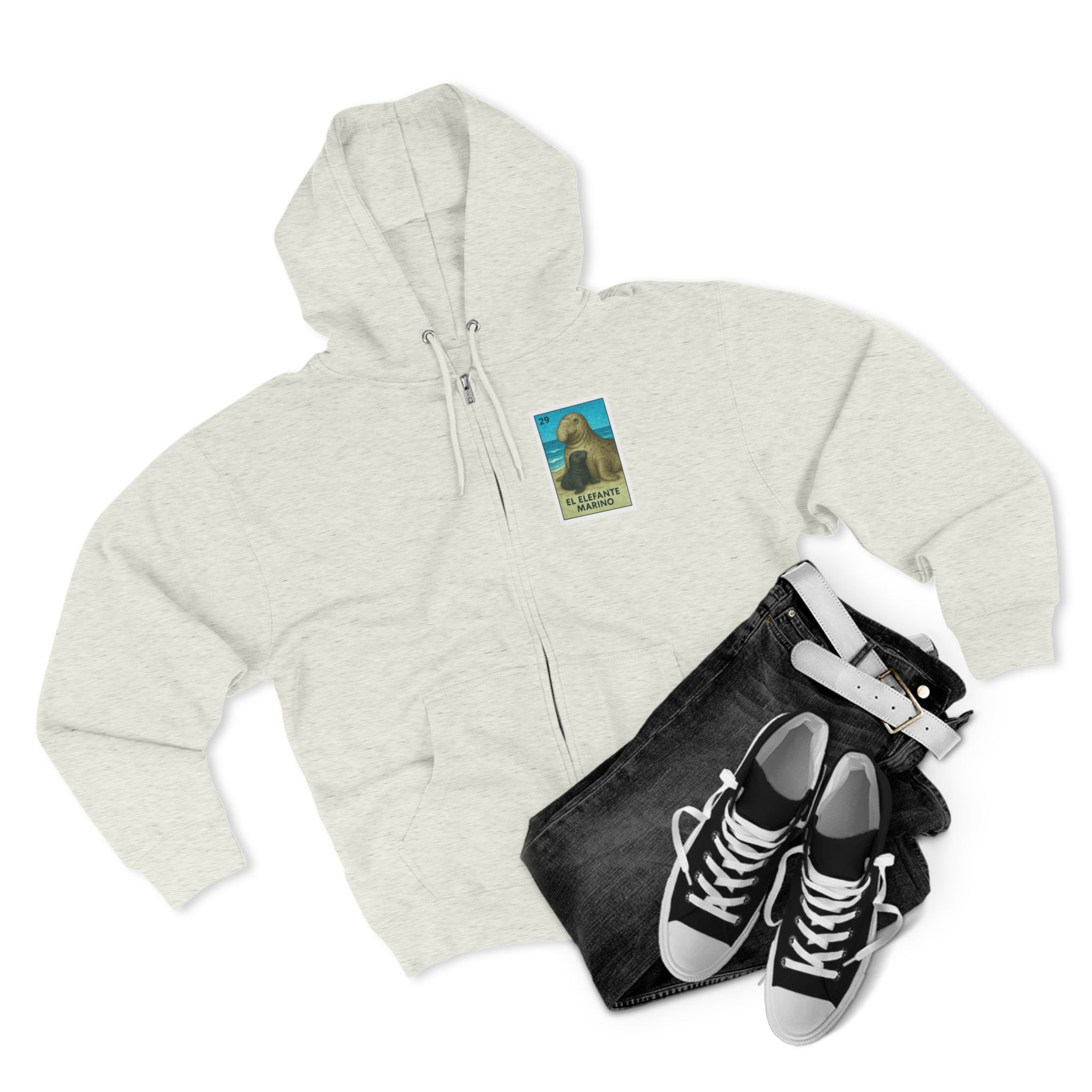 Elephant Seal Lotería Unisex - Zip Cotton Blend Fleece Hoodie (El Elefante Marino)