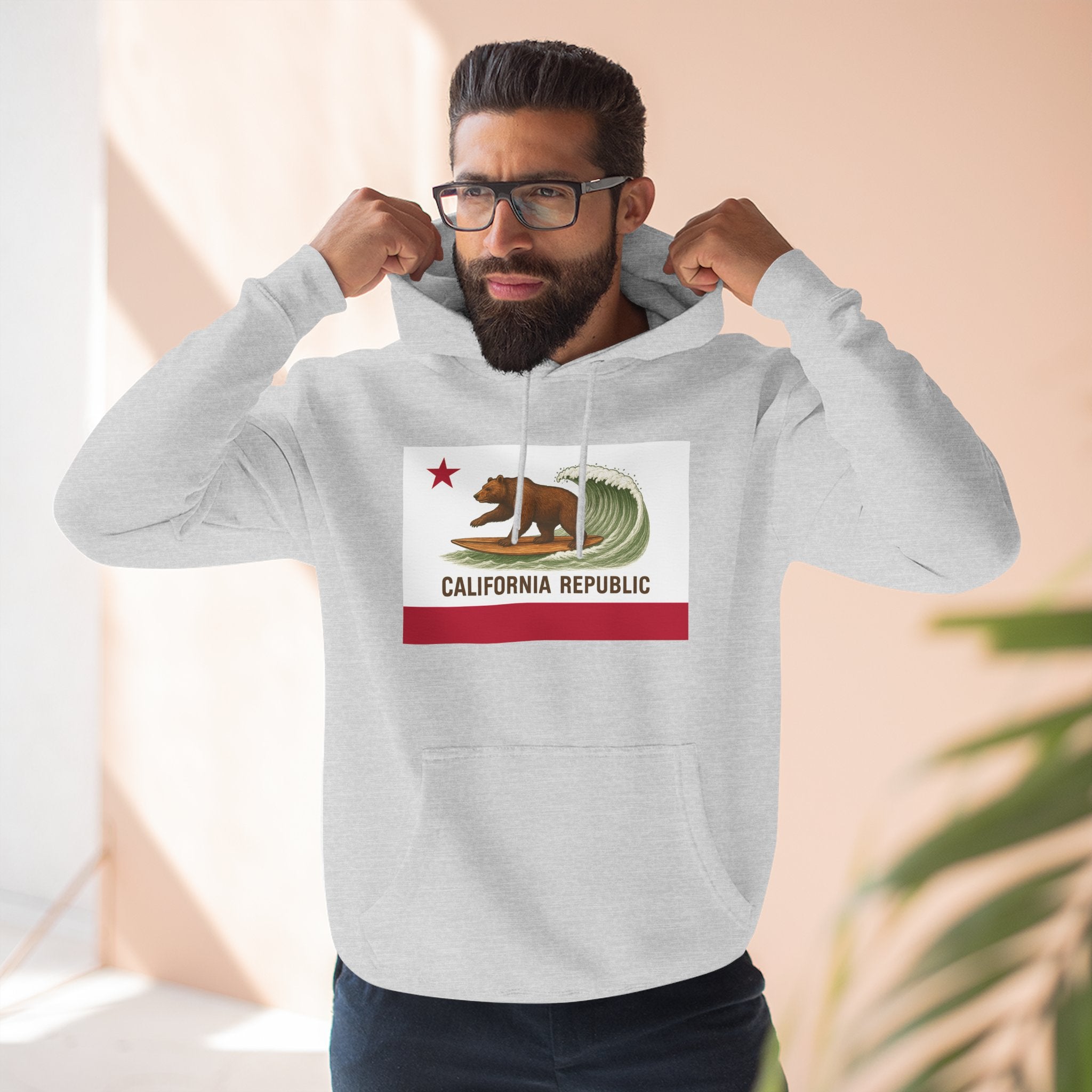 California Surfing Bear Flag Unisex - Pull-Over Cotton Blend Fleece Hoodie