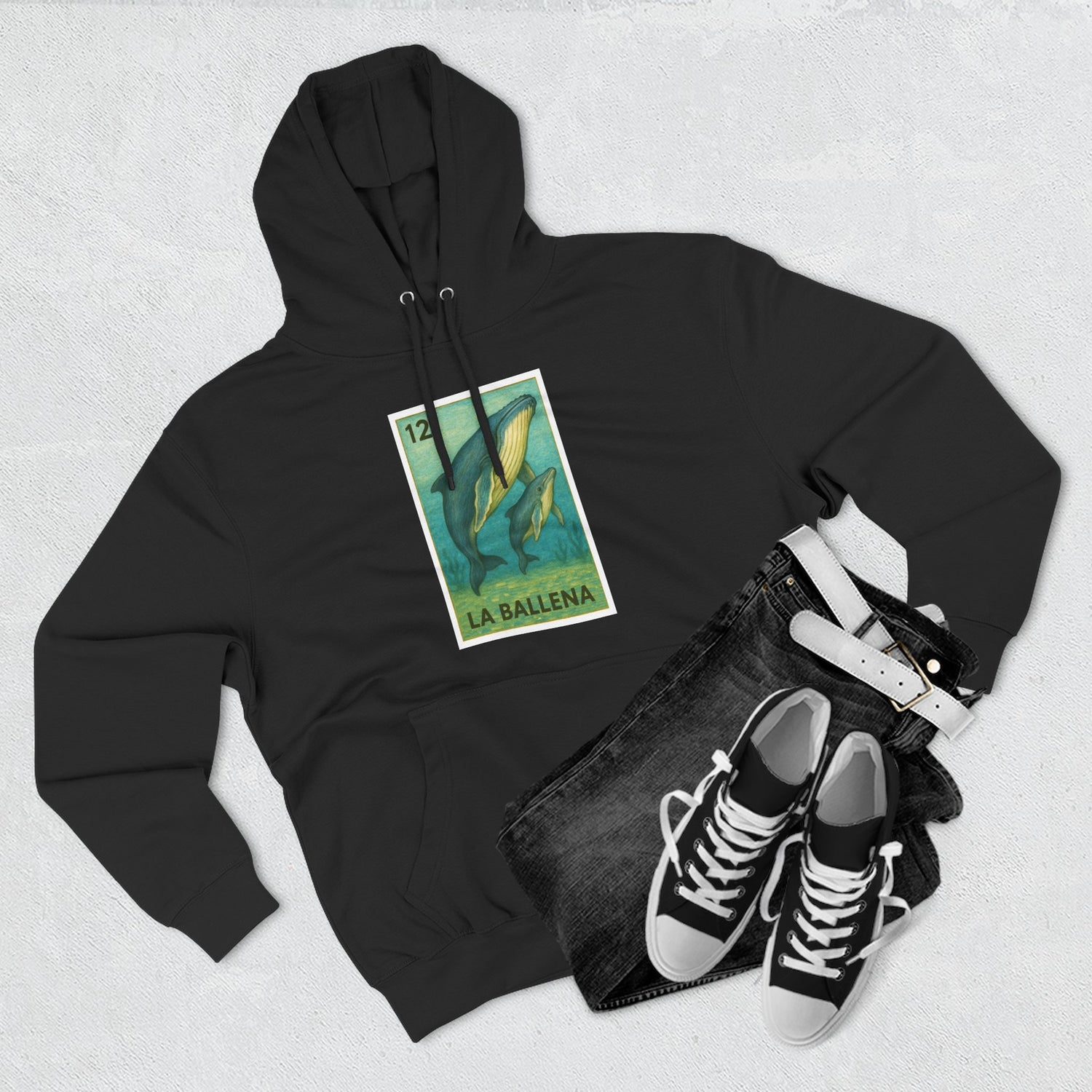 Whale Lotería Unisex - Pull-Over Cotton Blend Fleece Hoodie (La Ballena)