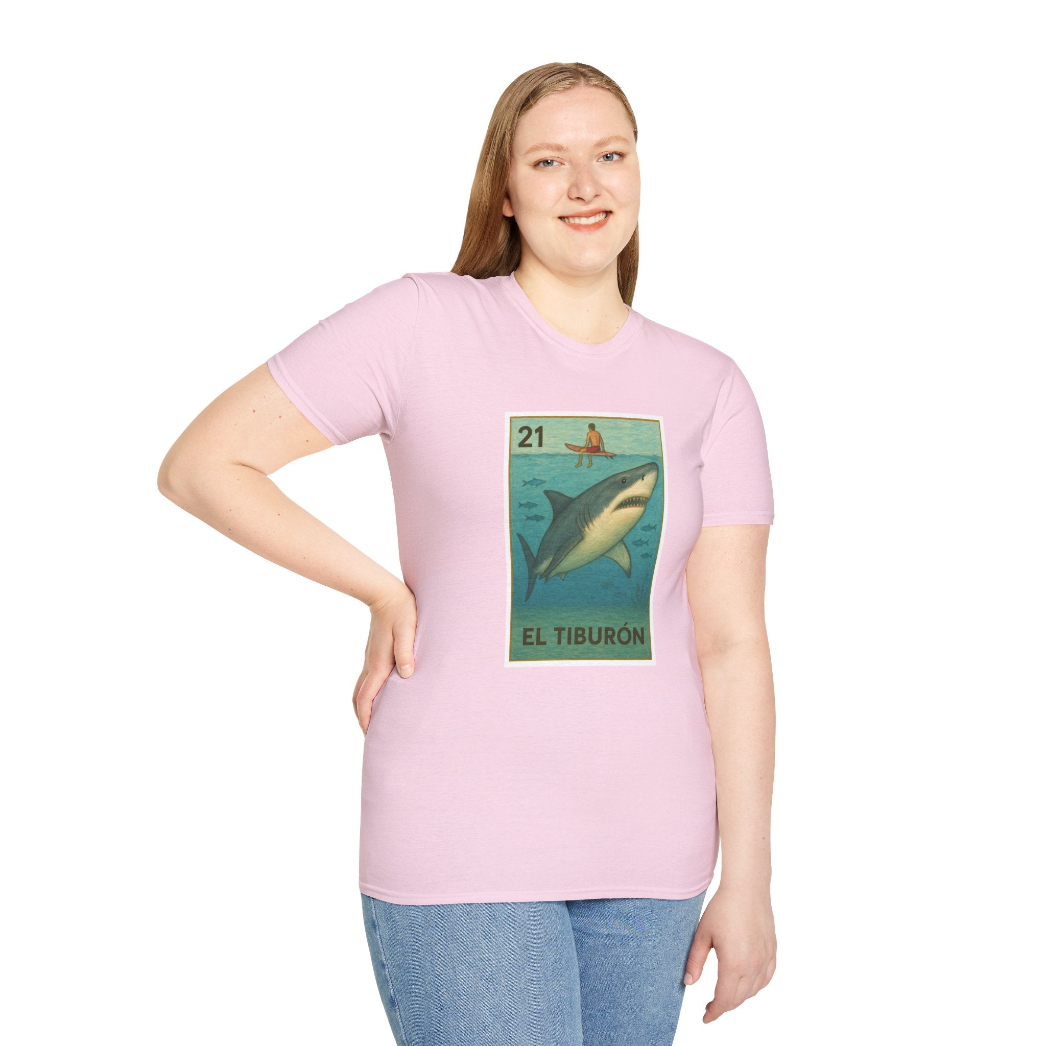 Shark Lotería Unisex - Soft Style U.S. Cotton T-Shirt (El Tiburón)