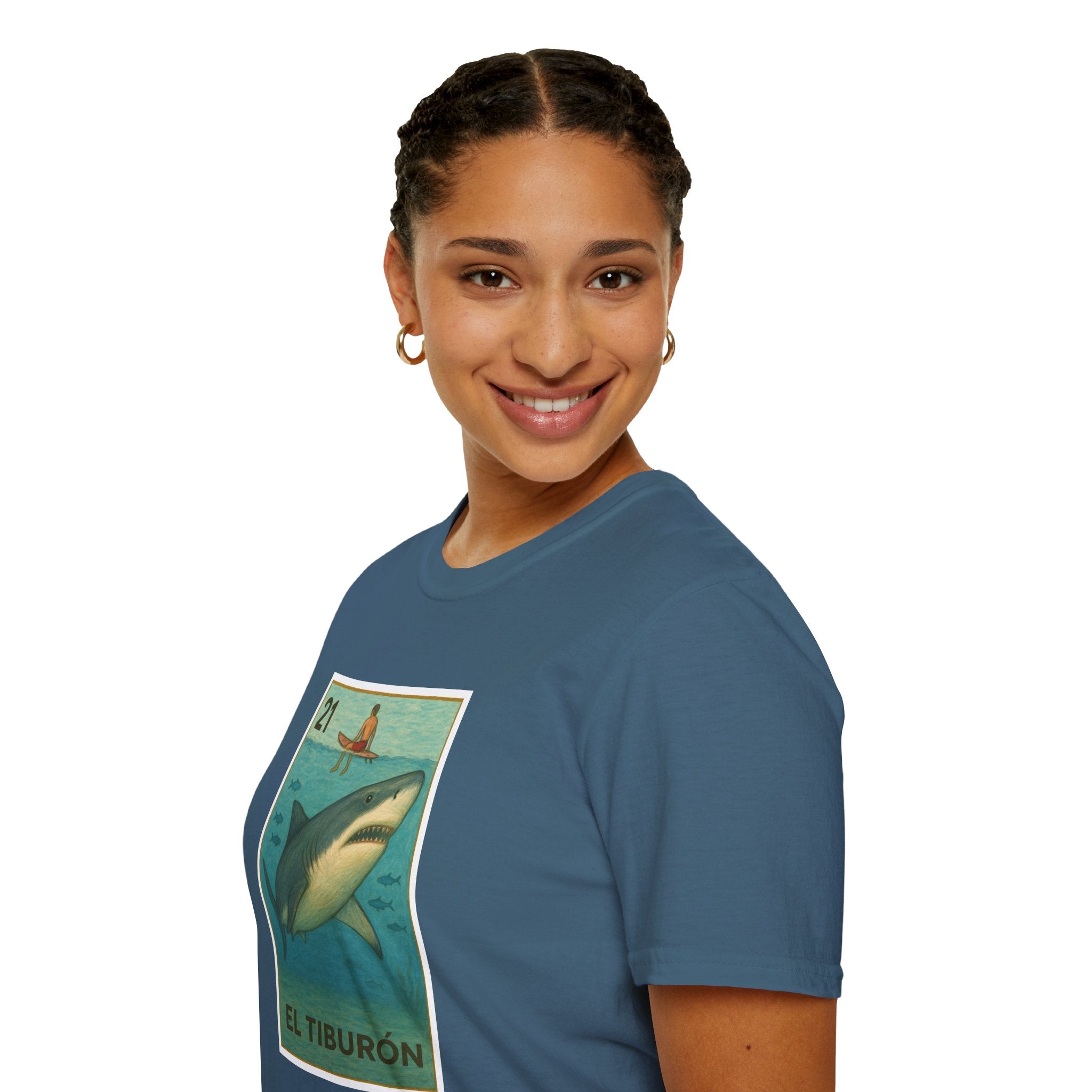 Shark Lotería Unisex - Soft Style U.S. Cotton T-Shirt (El Tiburón)
