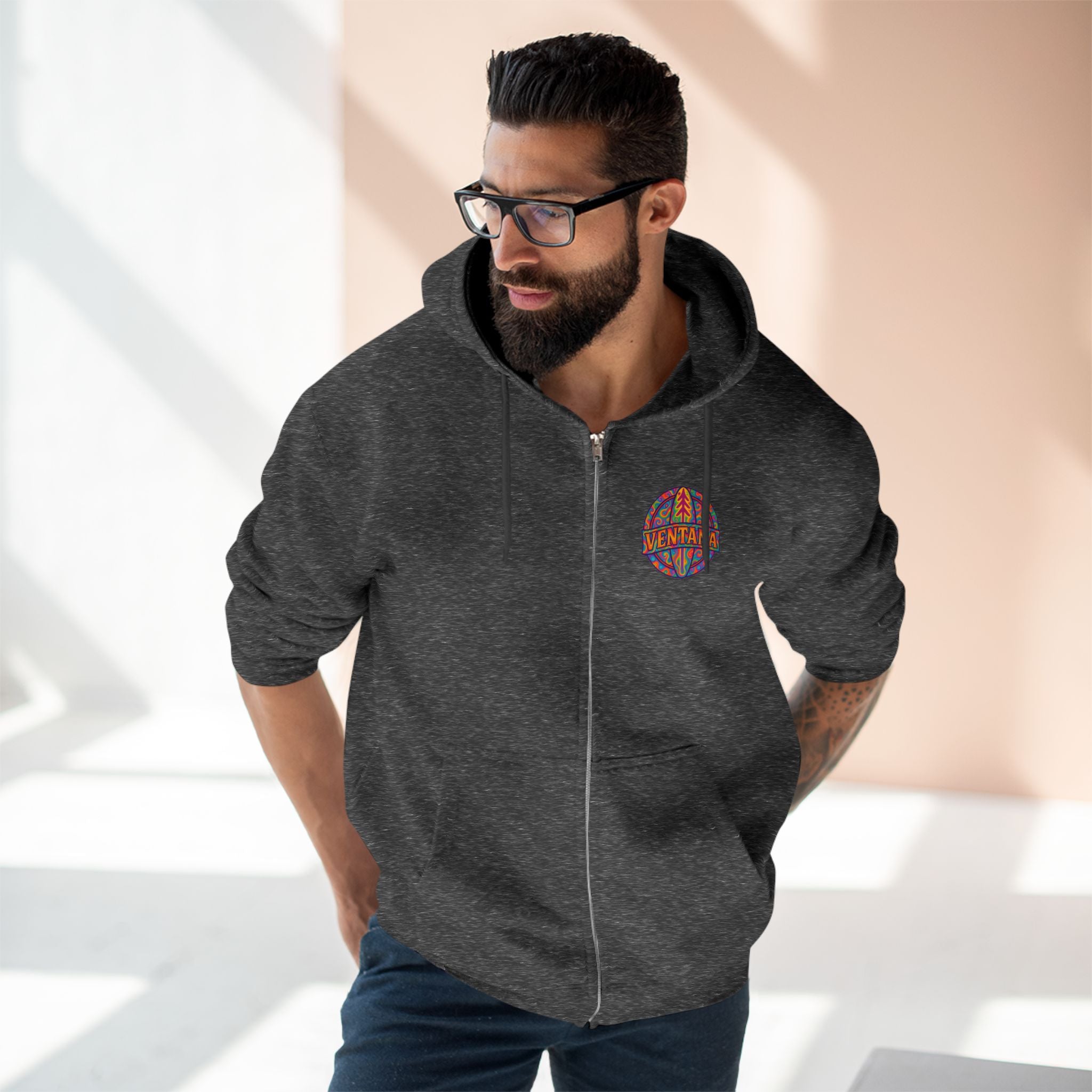 Ventana Psychedelic Treefish Logo Unisex - Zip Cotton Blend Fleece Hoodie