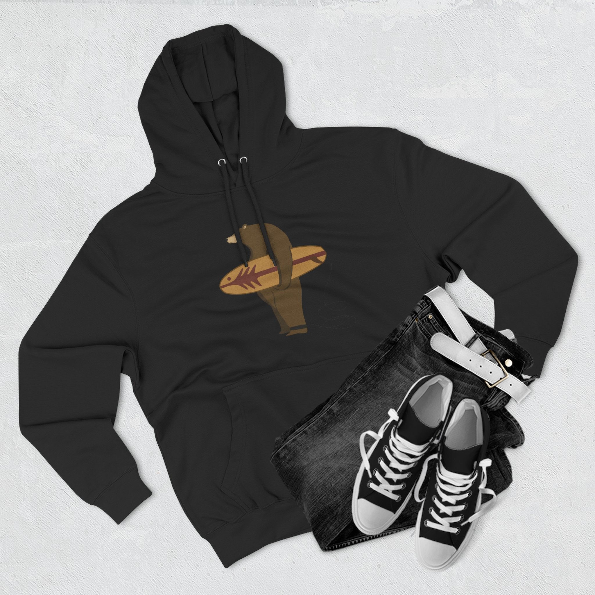 Surfing Grizzly Bear by Fabian Lavater Unisex - Pull-Over Cotton Blend Fleece Hoodie