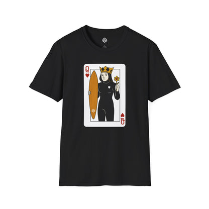 Black t-shirt with a graphic of a queen holding a surfboard on a white background