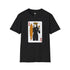 Black t-shirt with a graphic of a queen holding a surfboard on a white background