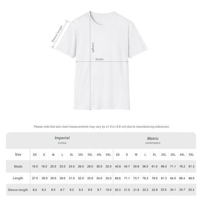 White t-shirt with size chart measurements on a white background