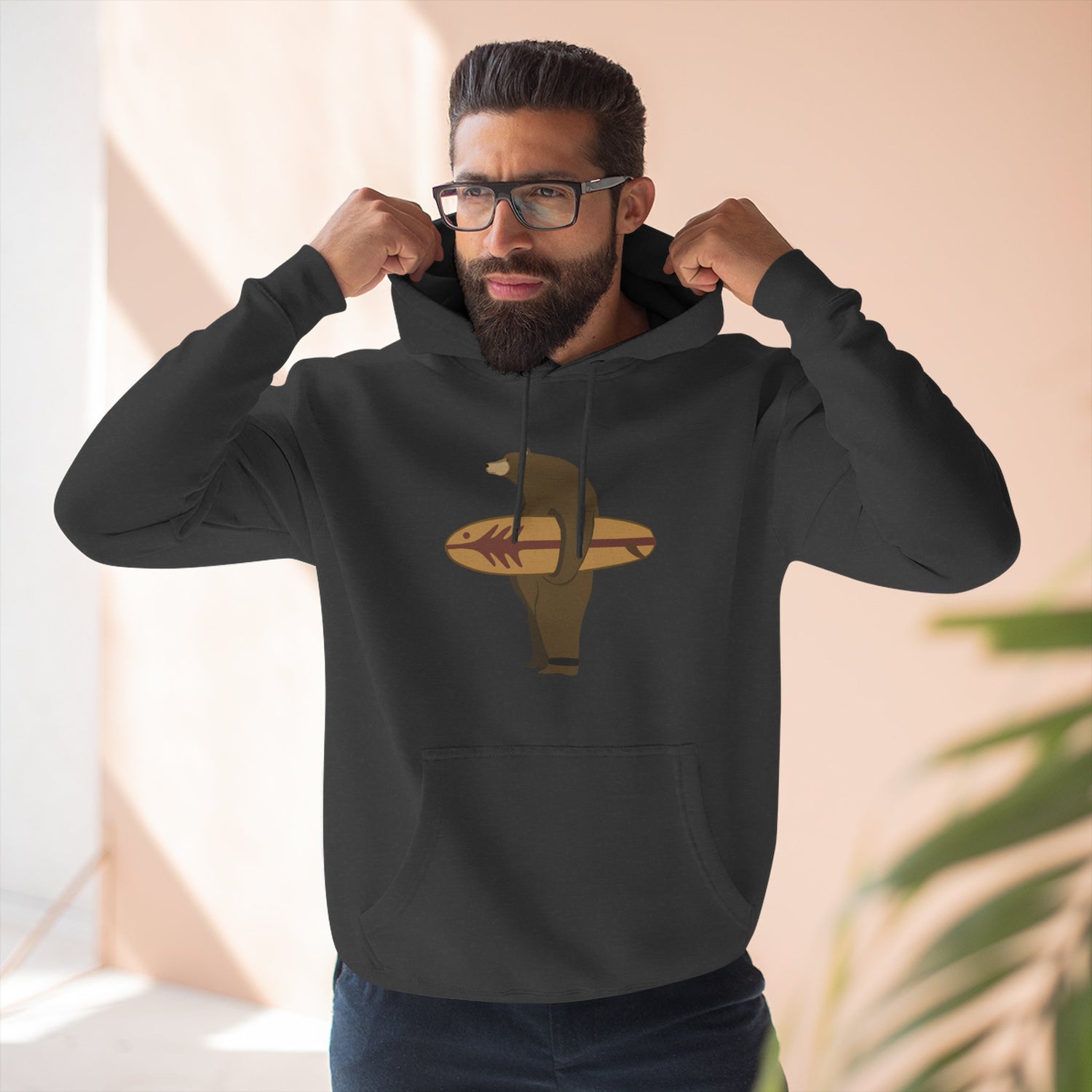 Surfing Grizzly Bear by Fabian Lavater Unisex - Pull-Over Cotton Blend Fleece Hoodie