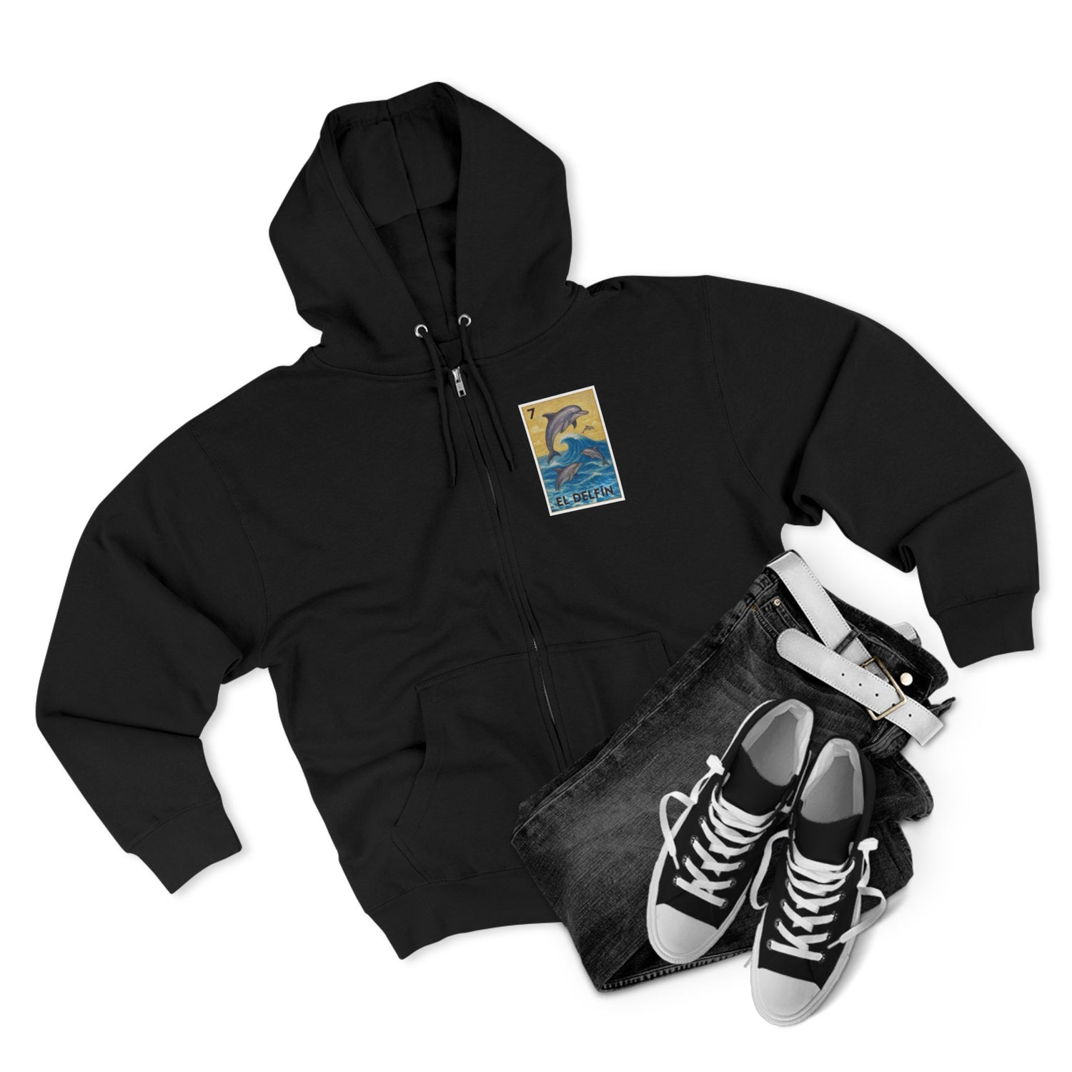 Dolphin Lotería Unisex - Zip Cotton Blend Fleece Hoodie (El Delfín)